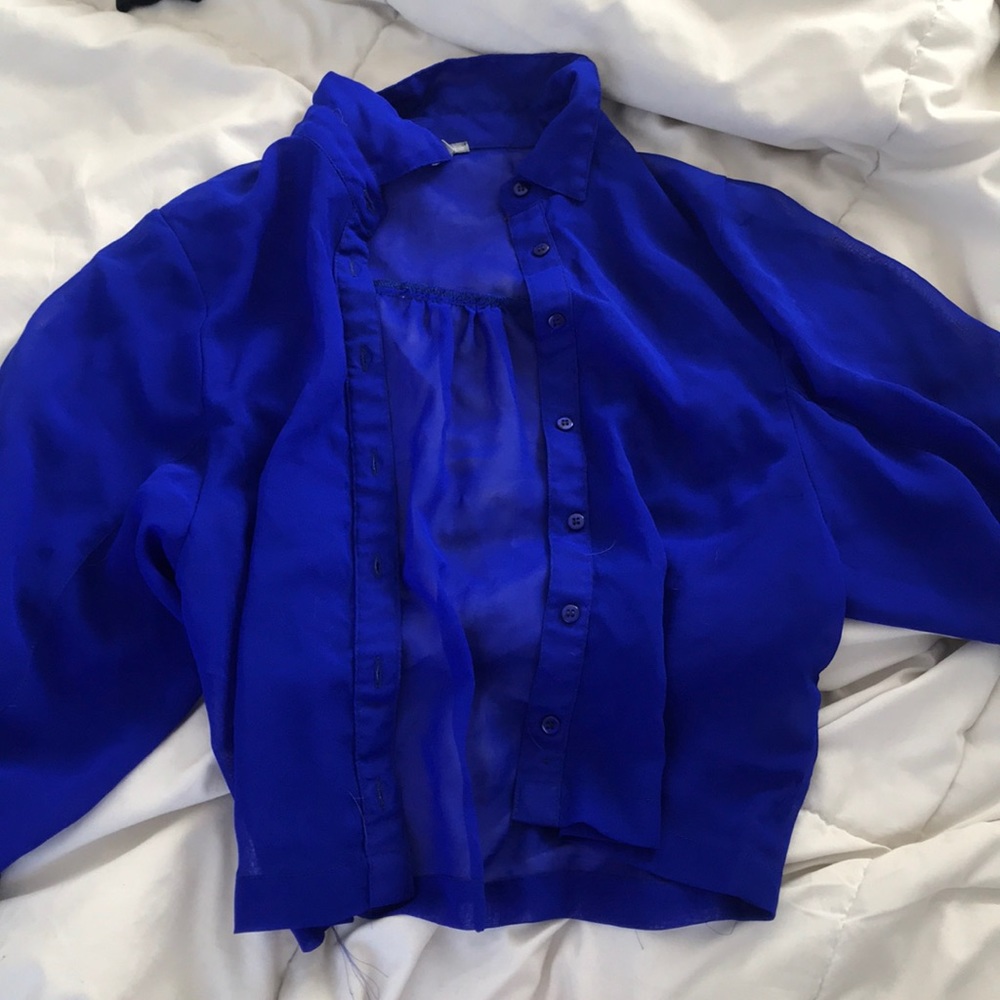 Sheer blue balloon sleeve button up